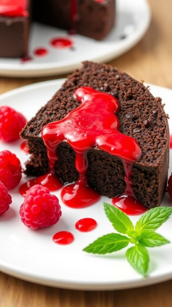 Rich Flourless Chocolate Cake with Raspberry Sauce A slice of flourless chocolate cake garnished with raspberry sauce and fresh raspberries on a white plate.